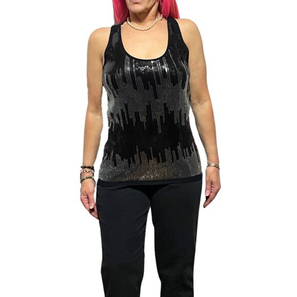 Black Stretch Sequin Embellished Sleeveless Top Large - Picture 2 of 9